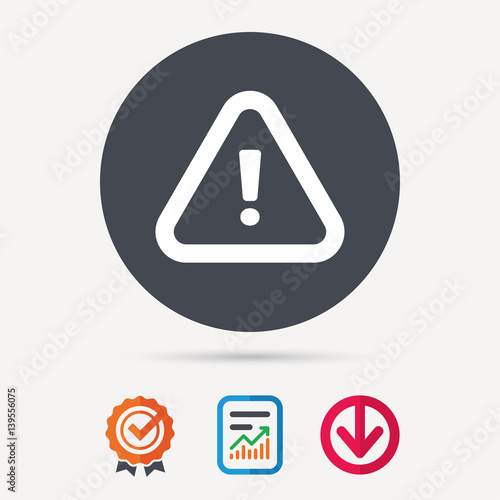 Free Download Warning icon. Attention exclamation mark symbol. Report document, award medal with tick and new tag signs. Colored flat web icons. Vector - GFXLoad