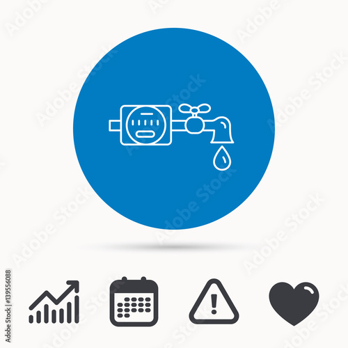 Water counter icon. Pipe with water drop sign. Calendar, attention sign and growth chart. Button with web icon. Vector