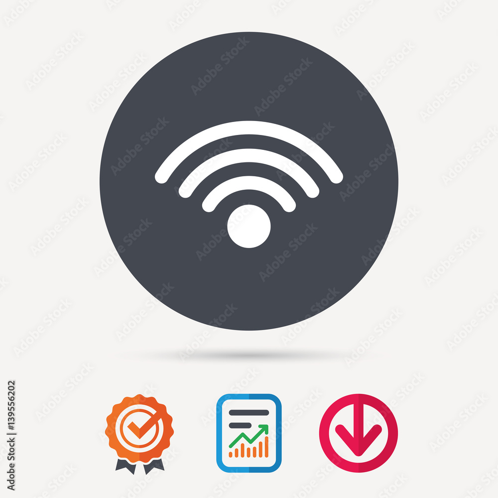 Wifi icon. Wireless internet sign. Communication technology symbol. Report document, award medal with tick and new tag signs. Colored flat web icons. Vector Wifi icon. Wireless internet sign. Communication technology symbol. Report document, award medal with tick and new tag signs. Colored flat web icons. Vector