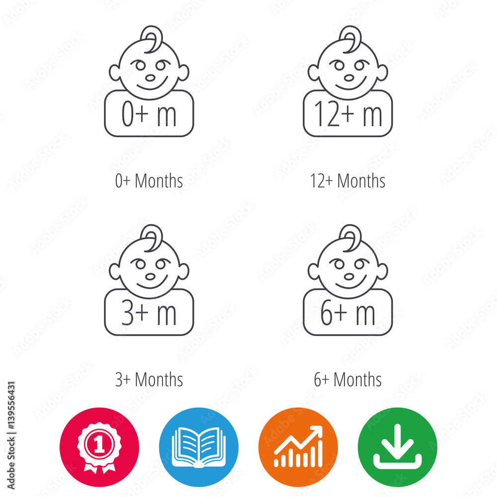 Infant child, 0 months child and toddler baby icons. 0-12 months child linear sign. Award medal, growth chart and opened book web icons. Download arrow. Vector