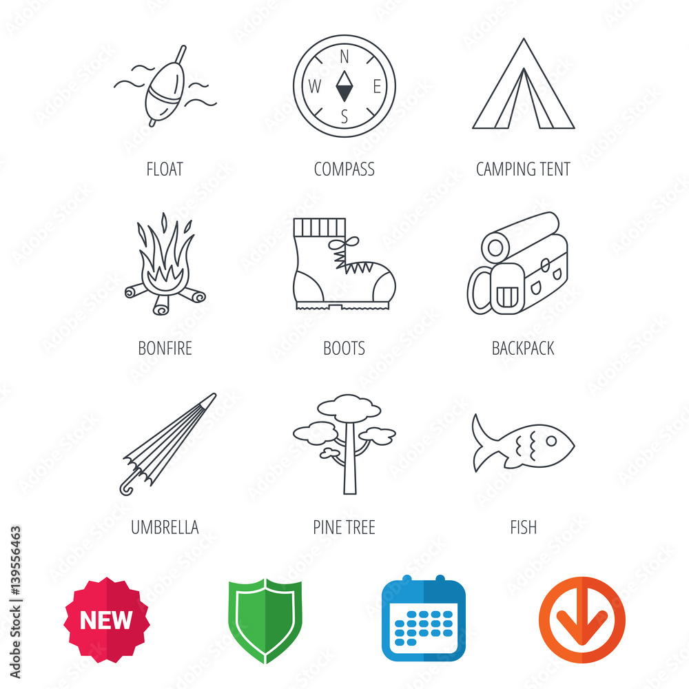 Fototapeta premium Pine tree, fishing float and hiking boots icons. Compass, umbrella and bonfire linear signs. Camping tent, fish and backpack icons. New tag, shield and calendar web icons. Download arrow. Vector