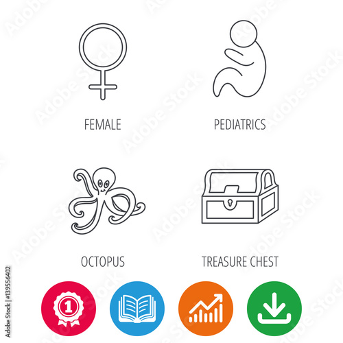 Female, treasure chest and pediatrics icons. Octopus linear sign. Award medal, growth chart and opened book web icons. Download arrow. Vector