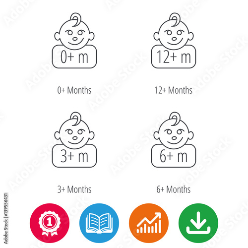 Infant child, 0 months child and toddler baby icons. 0-12 months child linear sign. Award medal, growth chart and opened book web icons. Download arrow. Vector