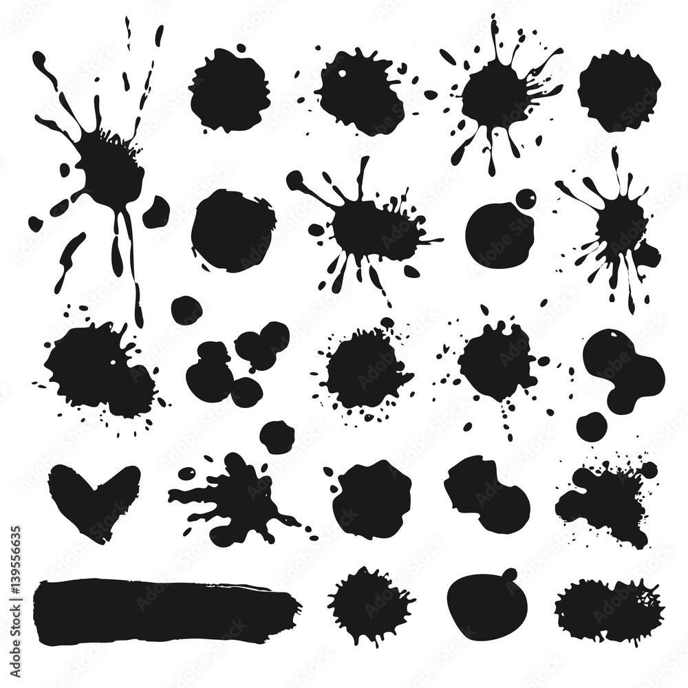Vector ink stains, spills, splatters, paint smudges and grunge objects isolated on white. Vector ink stains, spills, splatters, paint smudges and grunge objects isolated on white.