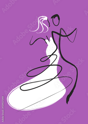 Dancing wedding couple.
Young wedding couple dancing ballroom dance.Drawing imitating brush and ink Vector available.