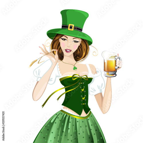 St.Patrick 's Day. Beautiful red-haired girl holding a beer in his hand. Vector illustration.