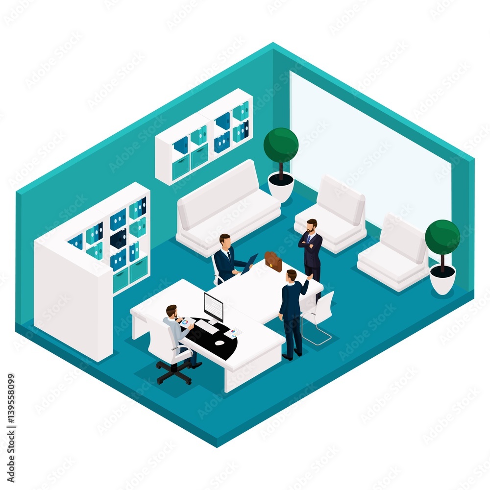 Trend isometric people, a room, an office manager rear view, a large table for meetings, negotiations, meetings, brainstorming, businessmen in suits isolated on a light background. Vector illustration Trend isometric people, a room, an office manager rear view, a large table for meetings, negotiations, meetings, brainstorming, businessmen in suits isolated on a light background. Vector illustration