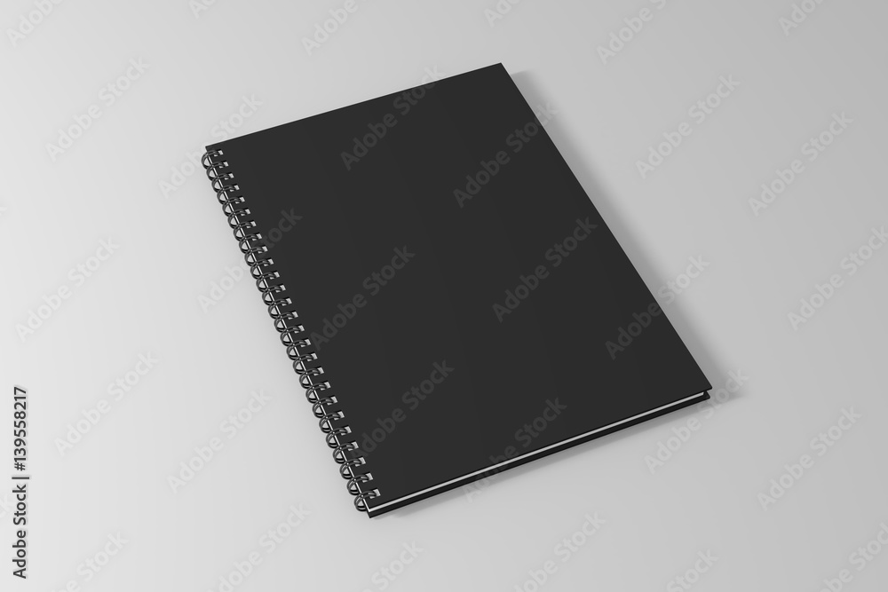 blank empty black spiral notebook template on clean white background