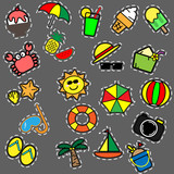 Colorful summer items icon with white dashed outline on grey background for summer concept