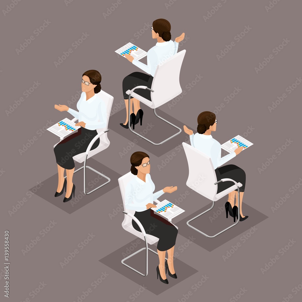 Trend Isometric people 3D business woman working with documents, graphics, front view, rear view, stylish hairstyle, glasses, office worker man in a suit isolated on a dark background Trend Isometric people 3D business woman working with documents, graphics, front view, rear view, stylish hairstyle, glasses, office worker man in a suit isolated on a dark background