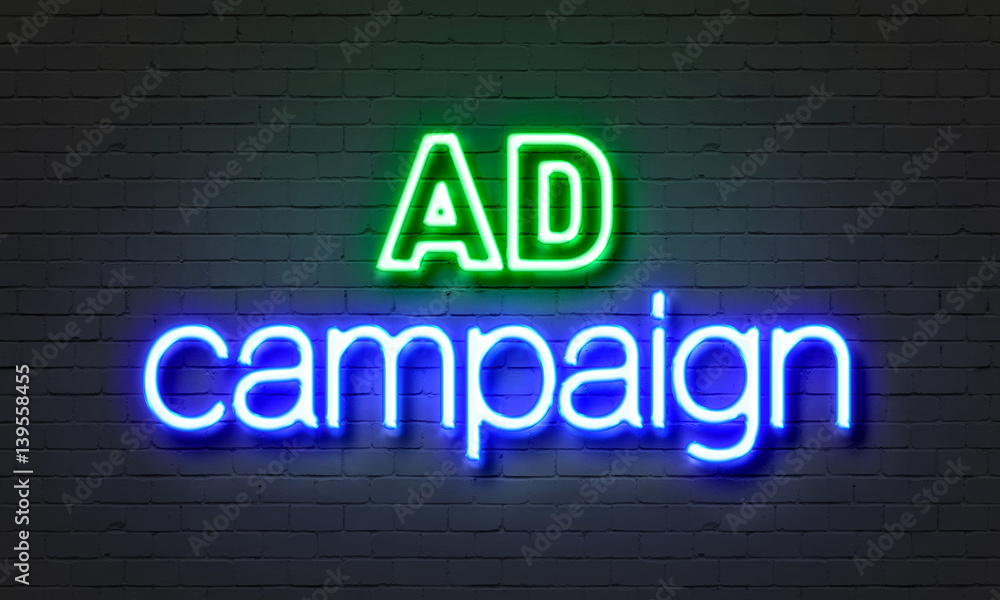 Ad campaign neon sign on brick wall background. Ad campaign neon sign on brick wall background.