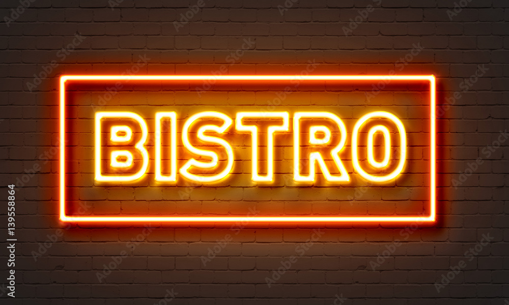 Bistro neon sign on brick wall background. Bistro neon sign on brick wall background.