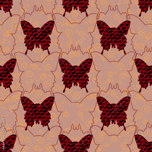 Red and black jeans butterflies and their silhouettes in pastel background with golden curls. Seamless pattern.