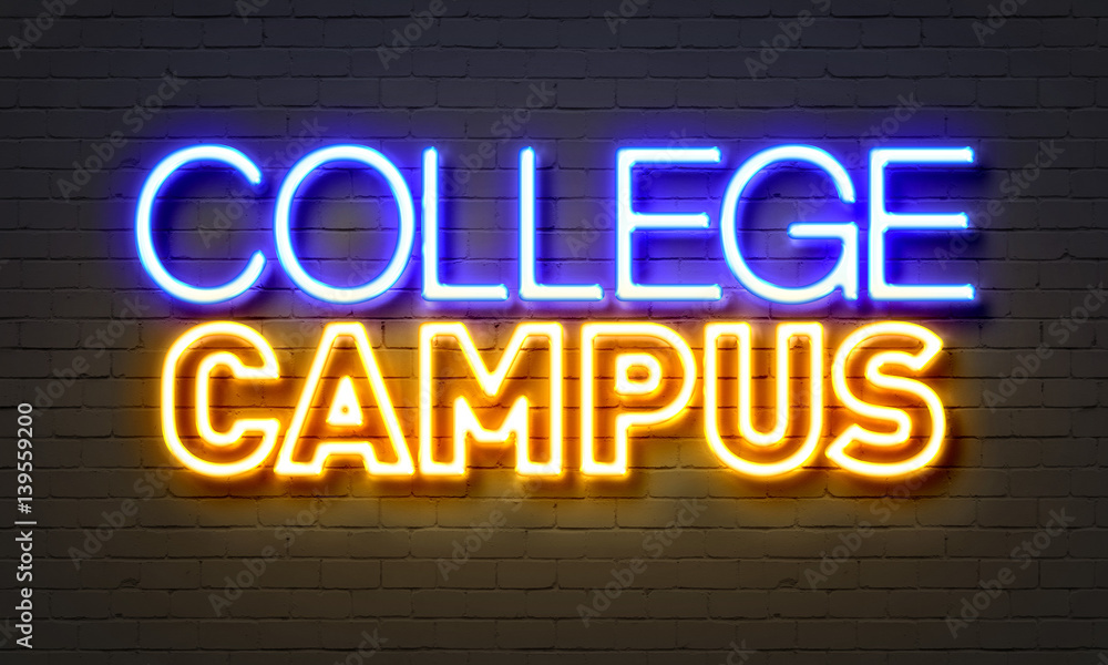 College campus neon sign on brick wall background. College campus neon sign on brick wall background.