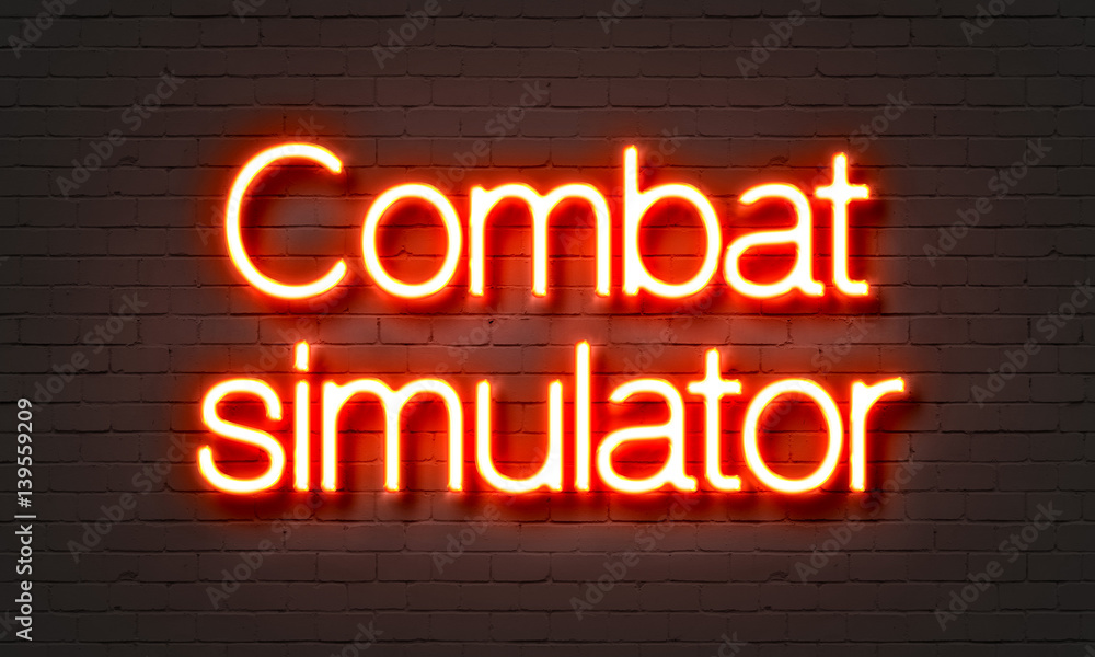 Combat simulator neon sign on brick wall background.
