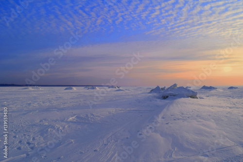 Winter sunset on Siberian river, Novosibirsk, Russia