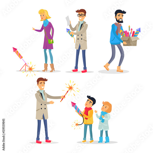 Adults and Children Setting off Bright Fireworks