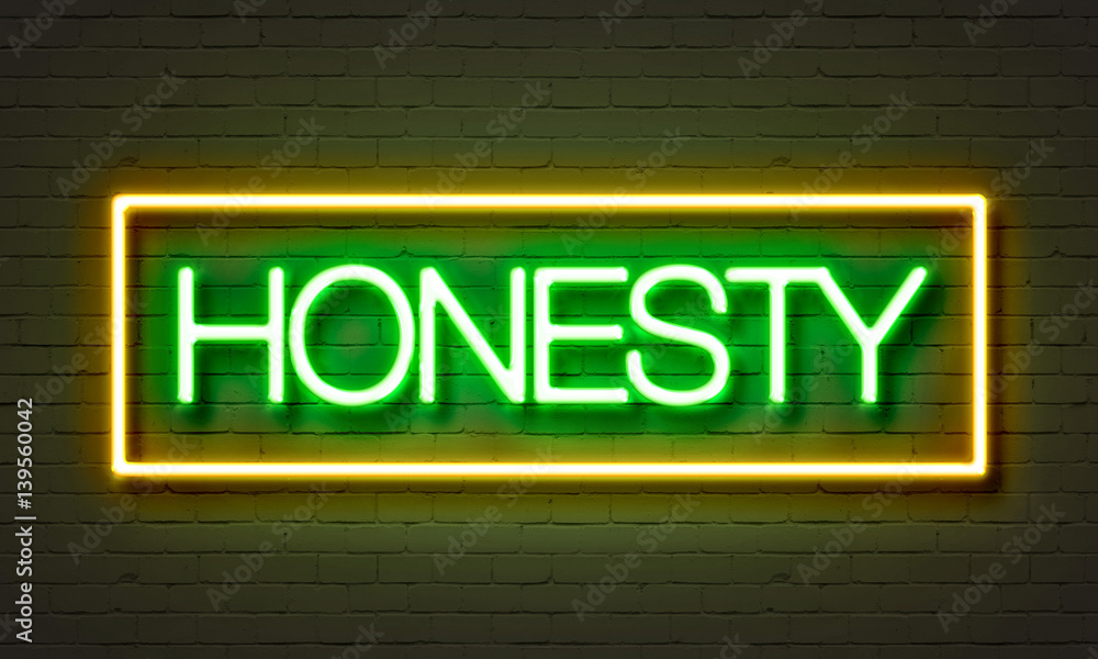 Fototapeta premium Honesty neon sign on brick wall background.