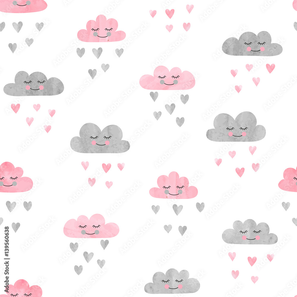 Seamless pattern with watercolor clouds and rain of hearts. Vector illustration. 