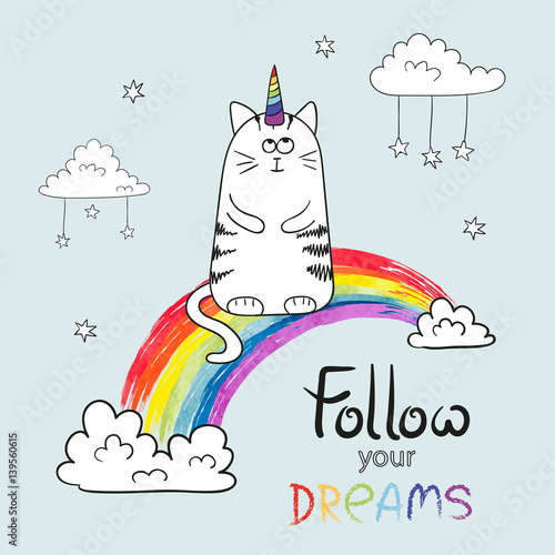 Cute cat unicorn. Doodle ve...