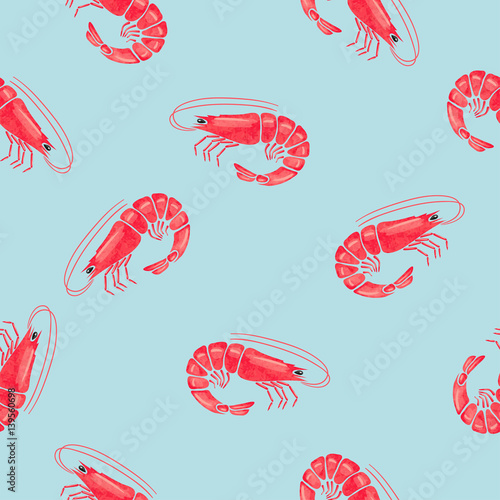 Seamless pattern with watercolor shrimps. Vector illustration.
