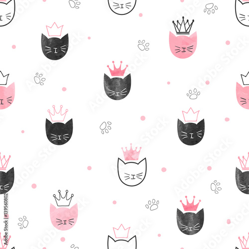 Seamless princess cats pattern. Vector watercolor background for kids design.