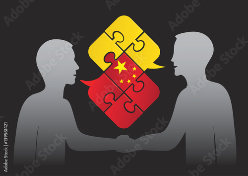 Learn Chinese business dialog.
Two men and Puzzle bubble talk with a chinese flag symbolizing Chinese conversation. Vector available.