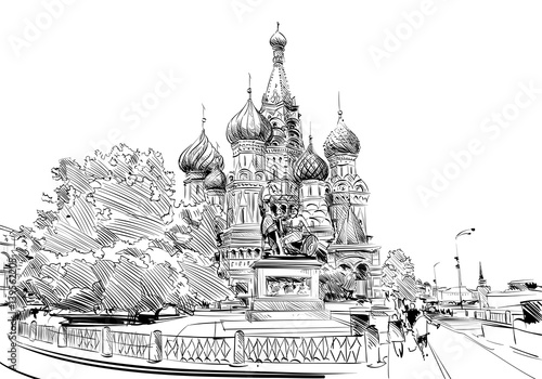 Russia. Moscow.Red square St. Basil's Cathedral. Hand drawn vector illustration.