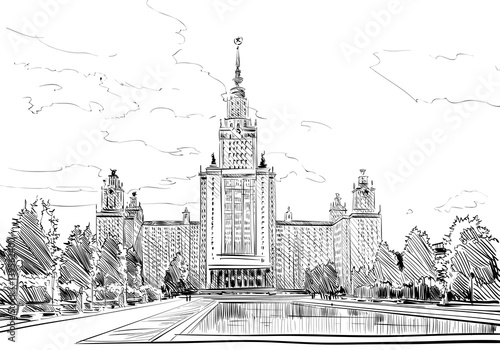 Russia. Moscow State University sketch. Hand drawn vector illustration.