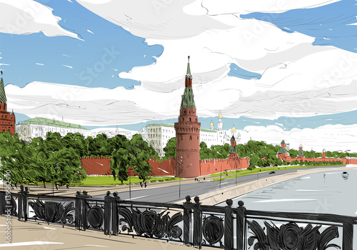 Russia. Moscow. Kremlin. Hand drawn vector illustration.