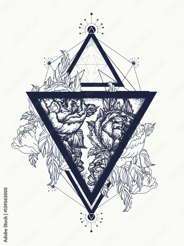 Roses in a triangle tattoo art. Beautiful roses geometrical style t-shirt design Stock Vector