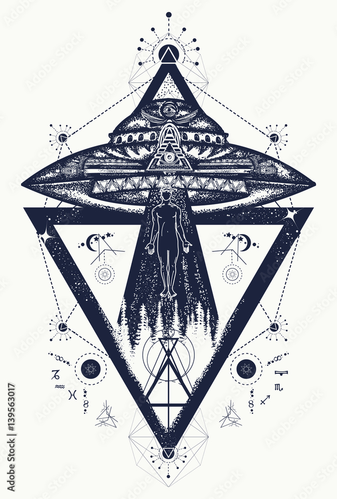 Ufo aliens kidnapped person tattoo art. Paranormal Activity, first contact  Stock Vector | Adobe Stock