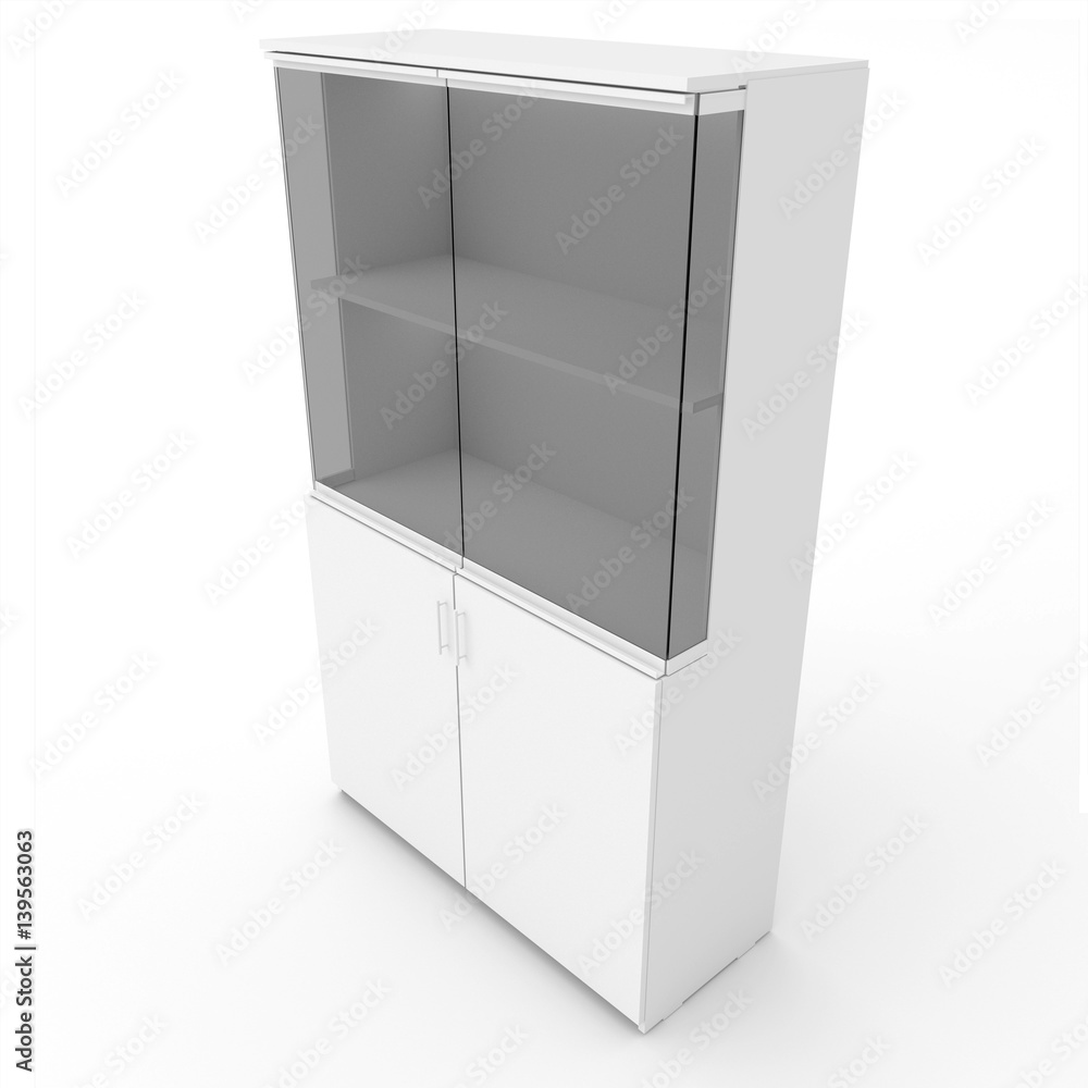 3d illustration, 3d render, white office wardrobe with shelves and glass doors on a white background 3d illustration, 3d render, white office wardrobe with shelves and glass doors on a white background