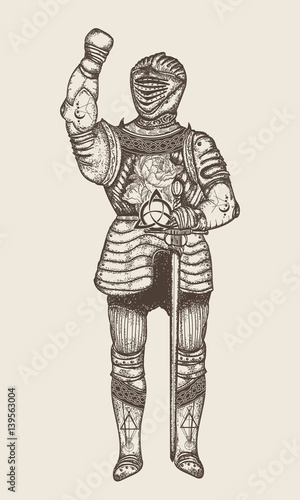 Medieval knight hand drawn vector. Crusader in armor, ancient knight sketch