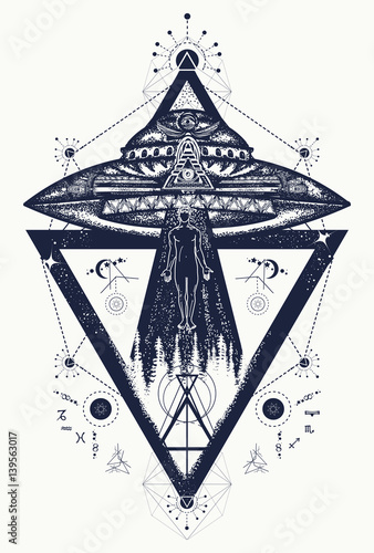 Ufo aliens kidnapped person tattoo art. Paranormal Activity, first contact
