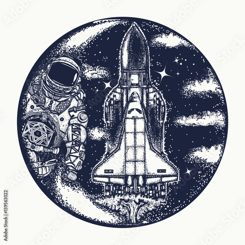 Space shuttle and astronaut tattoo art. Symbol of space travel, study of universe, flight to new galaxies