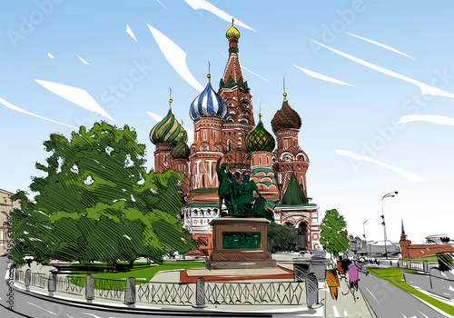 Russia. Moscow.Red square St. Basil's Cathedral. Hand drawn vector illustration.