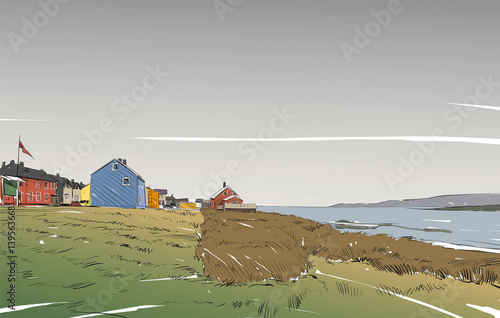 Norway village sketch hand drawn. Northern landscape fjord vector illustration
