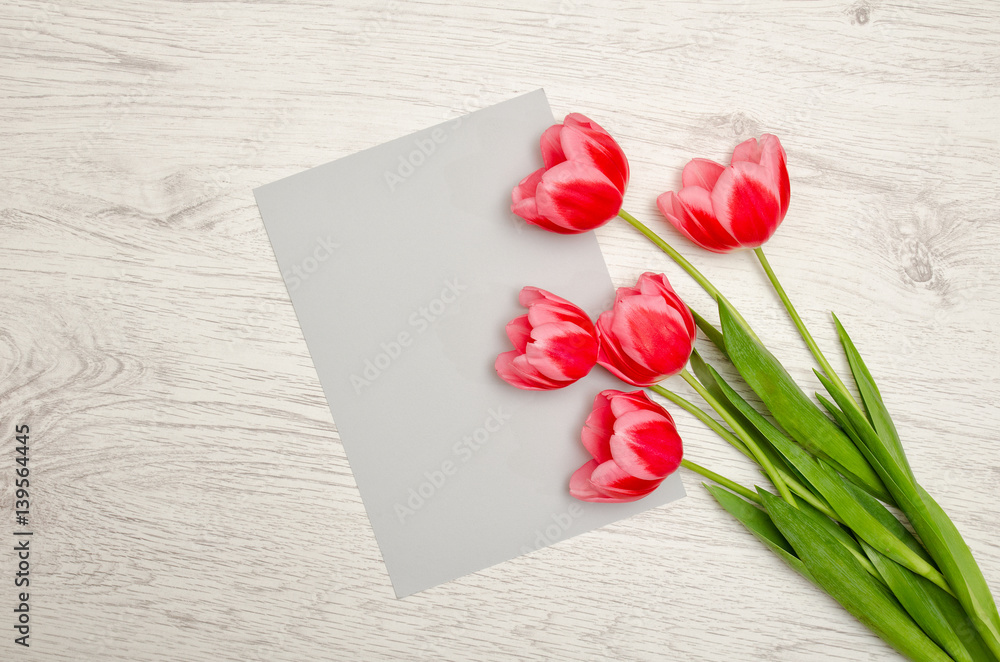 Clean gray sheet of paper and pink tulips on a light wooden background. top view, space for text Clean gray sheet of paper and pink tulips on a light wooden background. top view, space for text