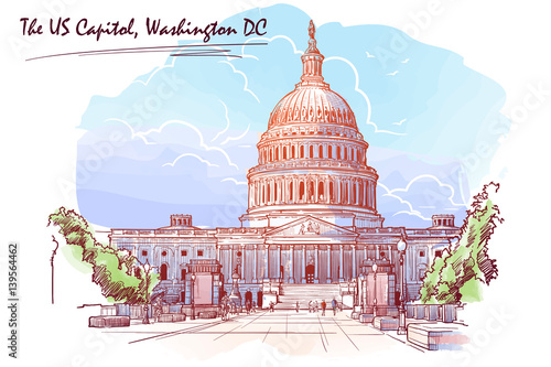 Front view of the US Capitol Building. Cityscape, urban hand drawing. Painted Sketch. Watercolor feel. Editable EPS10 vector illustration.