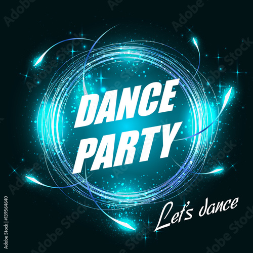 Night Party advertisemet template. Blue dust and beams on dark background. Geometric shape vector banner with text photo