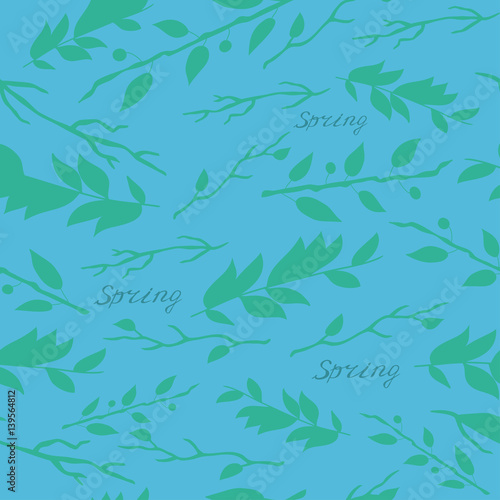 Vector spring pattern with the image of branches, leaves and Spring inscription. blue and green colors.