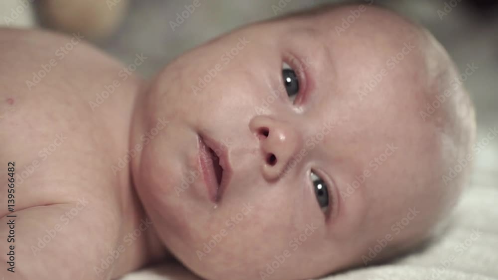 Close-up portrait of a newborn baby. Fed, calm baby looking at the camera Close-up portrait of a newborn baby. Fed, calm baby looking at the camera