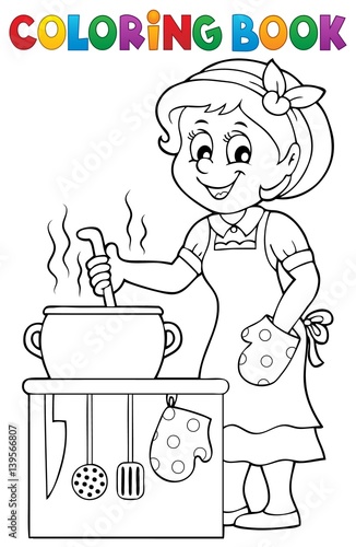 Coloring book happy female cook