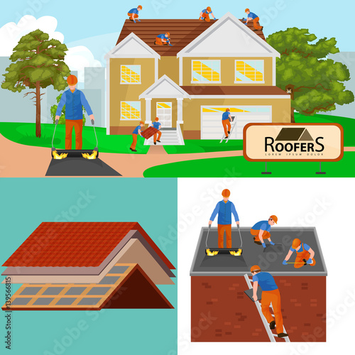 roof construction worker repair home, build structure fixing rooftop tile house with labor equipment, roofer men with work tools in hands outdoors renovation residential vector illustration
