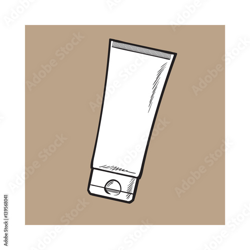 Blank, unlabelled tube of sun protection, moisturizing cream or facial mask, black and white sketch vector illustration isolated on on brown background. background. Hand drawn unlabelled cream tube