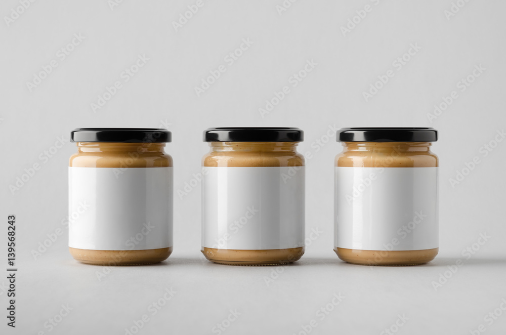 Peanut / Almond / Nut Butter Jar Mock-Up - Three Jars. Blank Label Peanut / Almond / Nut Butter Jar Mock-Up - Three Jars. Blank Label