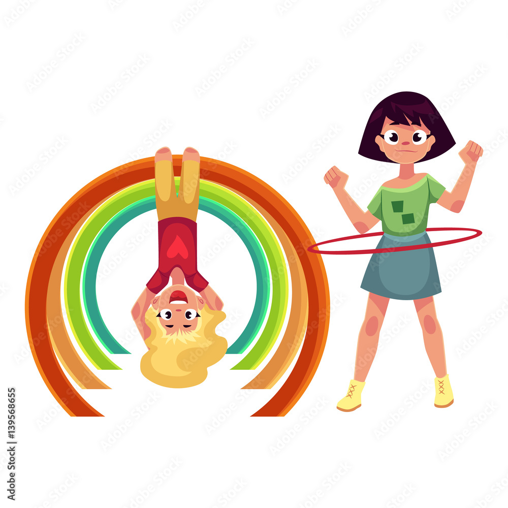 Two girls playing at playground, spinning hula hoop and hanging upside