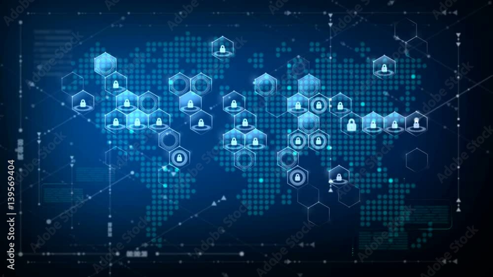 World map with honeycomb grid and lock security and futuristic concept World map with honeycomb grid and lock security and futuristic concept