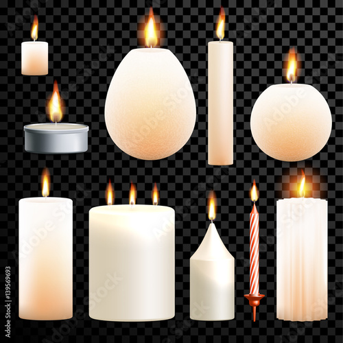 Candles 3D realistic set flame burning vector transparent background